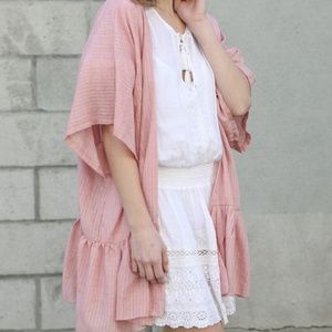 Rose soft stripe kimono w/ruffle detail